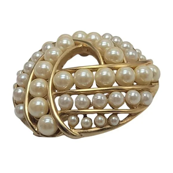 Vintage Gold-Tone Faux Pearl Swirl Brooch Pinback Elegant Design - Picture 5 of 11